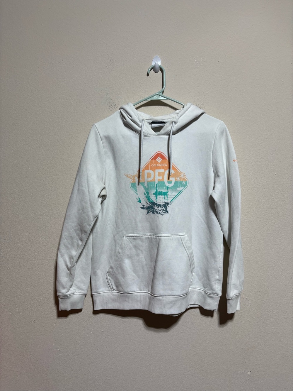 Columbia White Hoodie with Teal & Orange Graphic